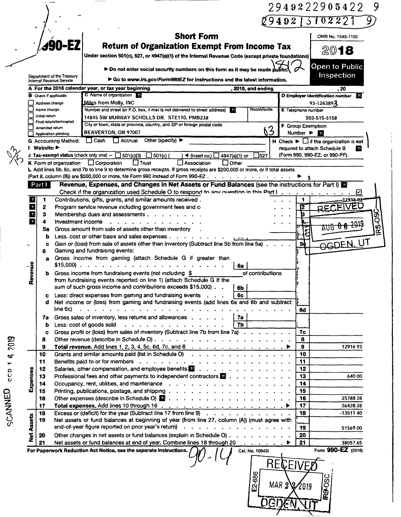 Image of first page of 2018 Form 990EZ for Miles From Molly