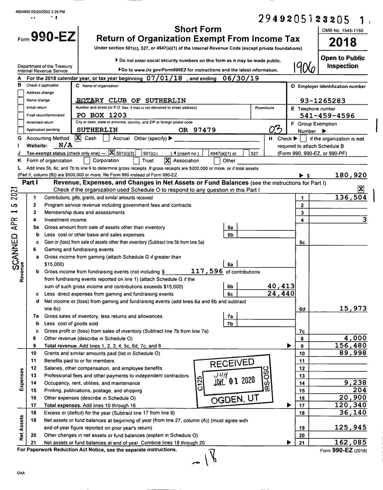 Image of first page of 2018 Form 990EZ for Rotary Club of Sutherlin