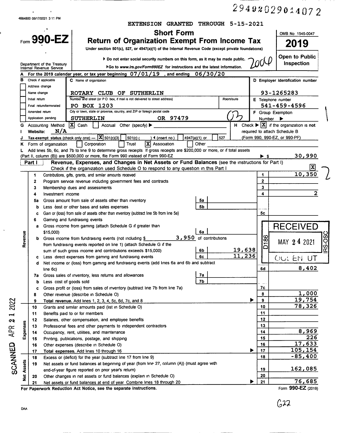 Image of first page of 2019 Form 990EZ for Rotary Club of Sutherlin