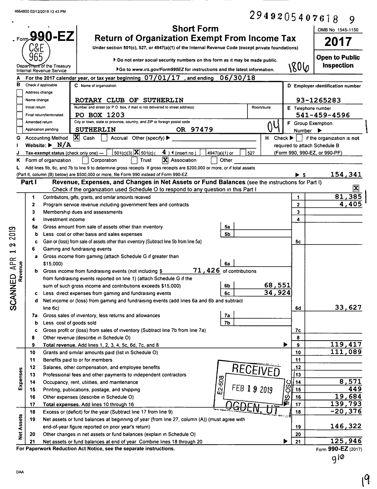 Image of first page of 2017 Form 990EO for Rotary Club of Sutherlin