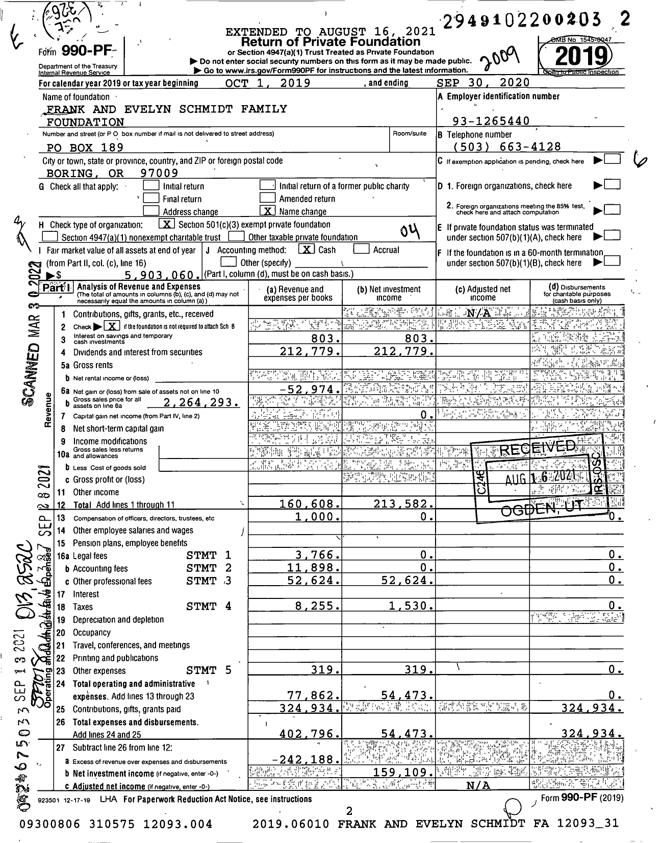Image of first page of 2019 Form 990PF for Frank and Evelyn Schmidt Family Foundation
