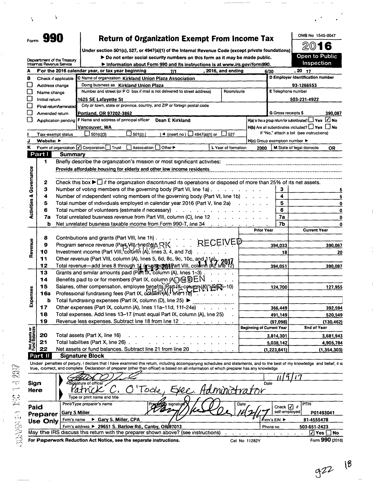 Image of first page of 2016 Form 990O for Kirkland Union Plaza