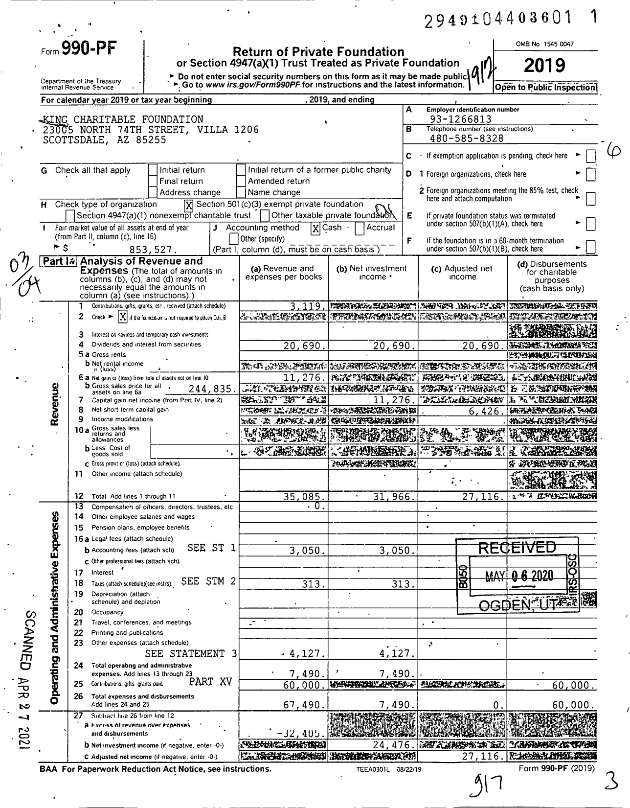 Image of first page of 2019 Form 990PF for King Charitable Foundation
