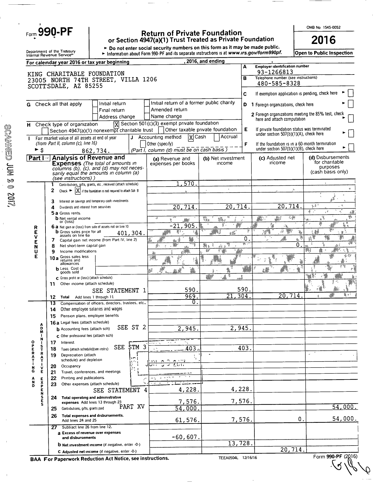 Image of first page of 2016 Form 990PF for King Charitable Foundation