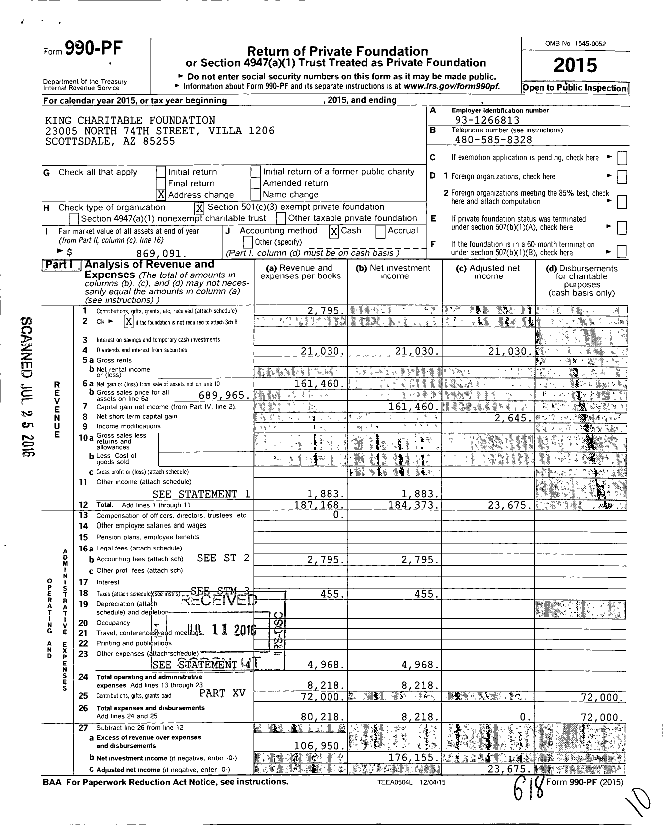 Image of first page of 2015 Form 990PF for King Charitable Foundation