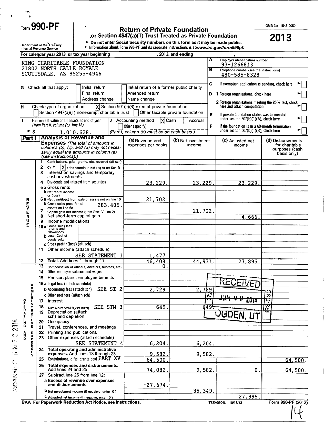 Image of first page of 2013 Form 990PF for King Charitable Foundation