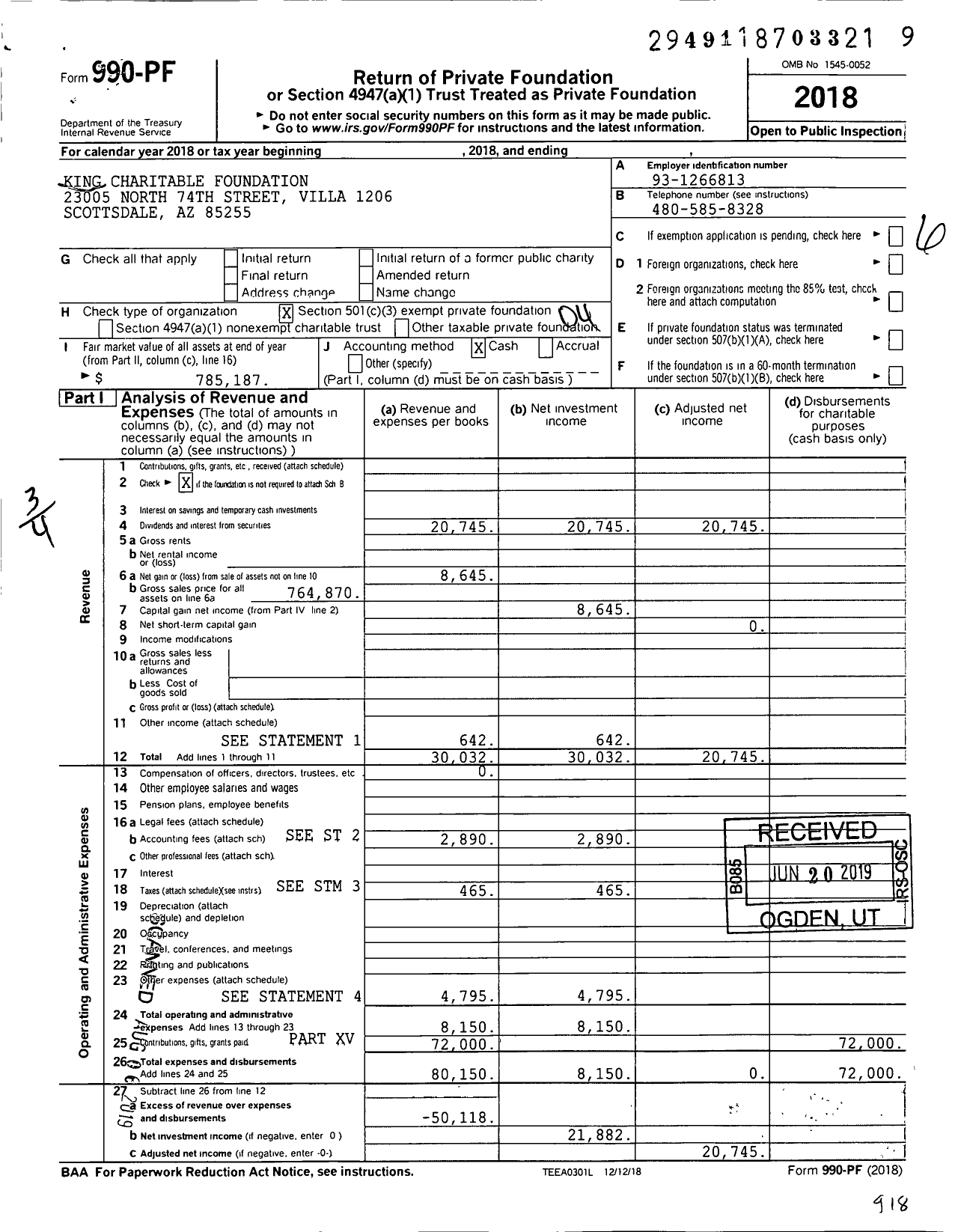 Image of first page of 2018 Form 990PF for King Charitable Foundation