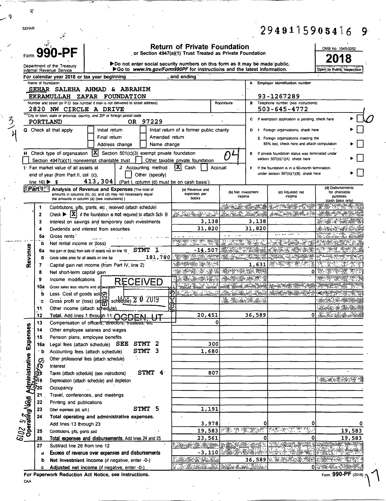 Image of first page of 2018 Form 990PF for Sehar Saleha Ahmad and Abrahim Ekrammullah Zafar Foundation