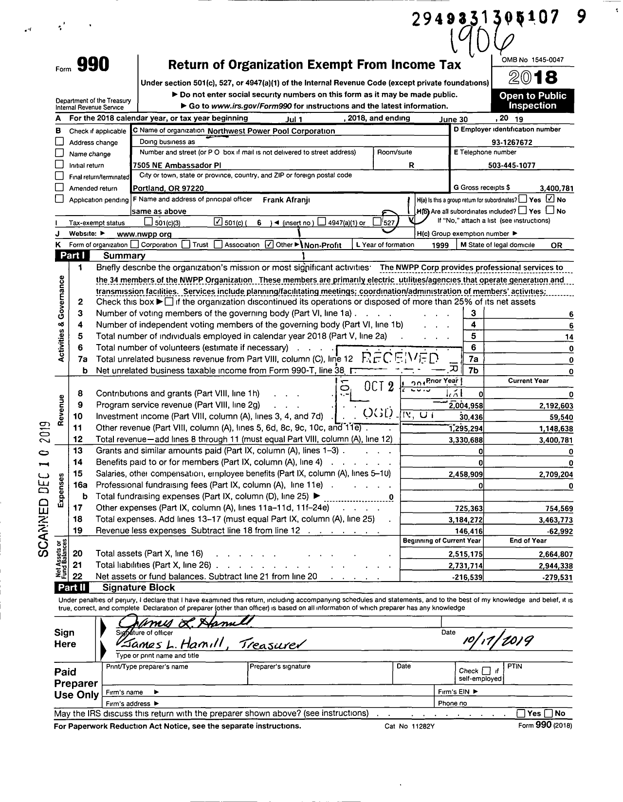 Image of first page of 2018 Form 990O for Western Power Pool