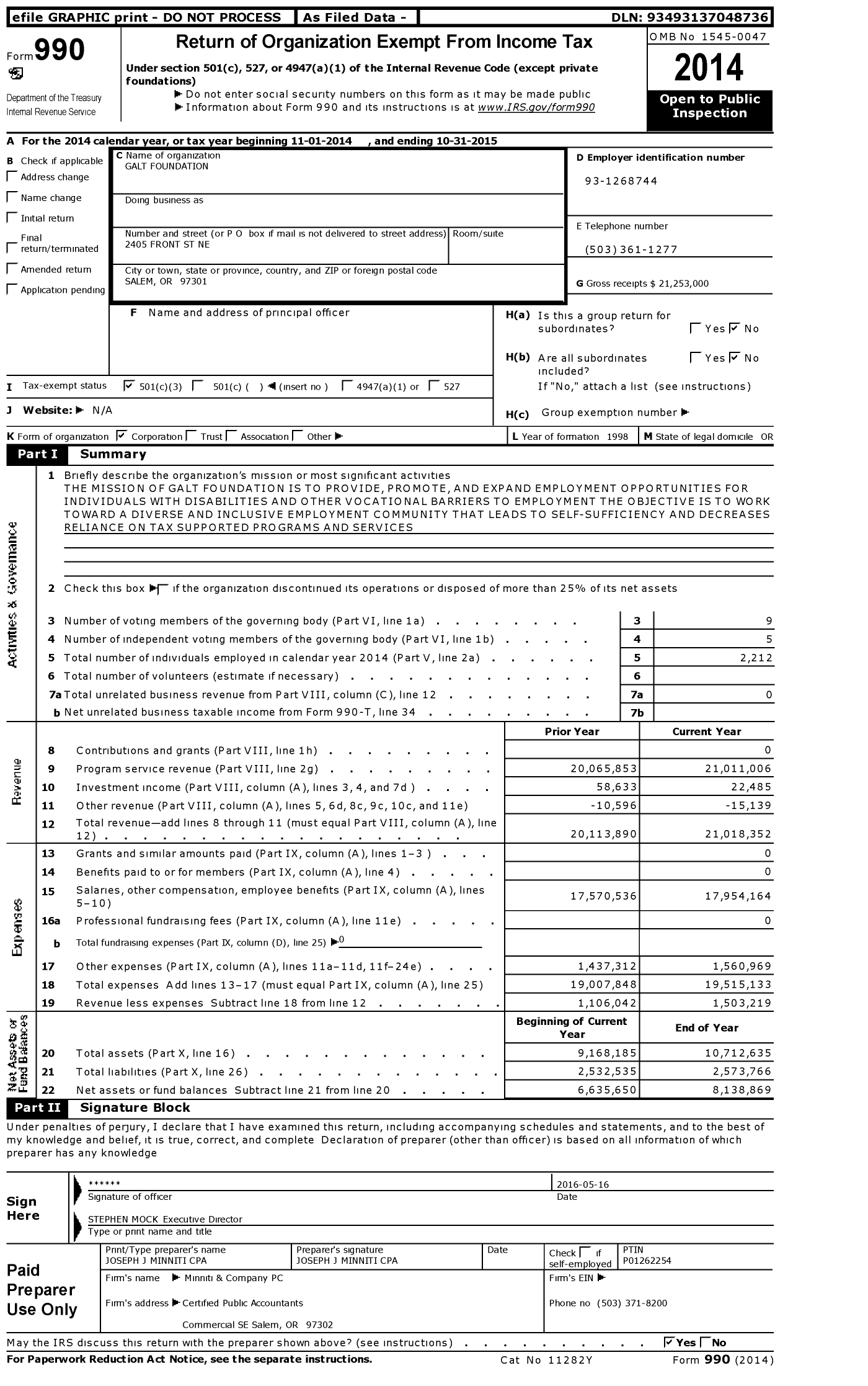 Image of first page of 2014 Form 990 for Galt Foundation