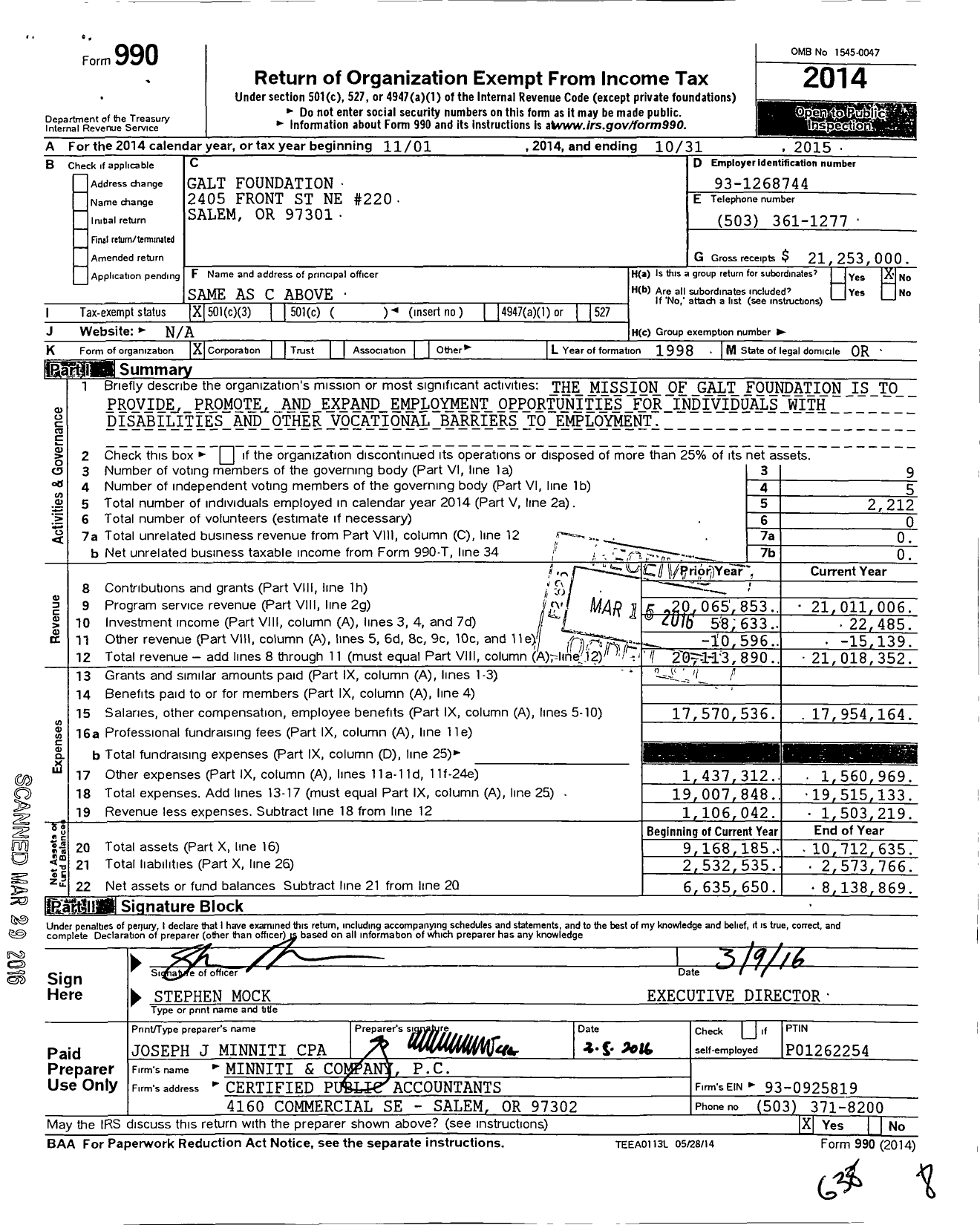 Image of first page of 2014 Form 990 for Galt Foundation