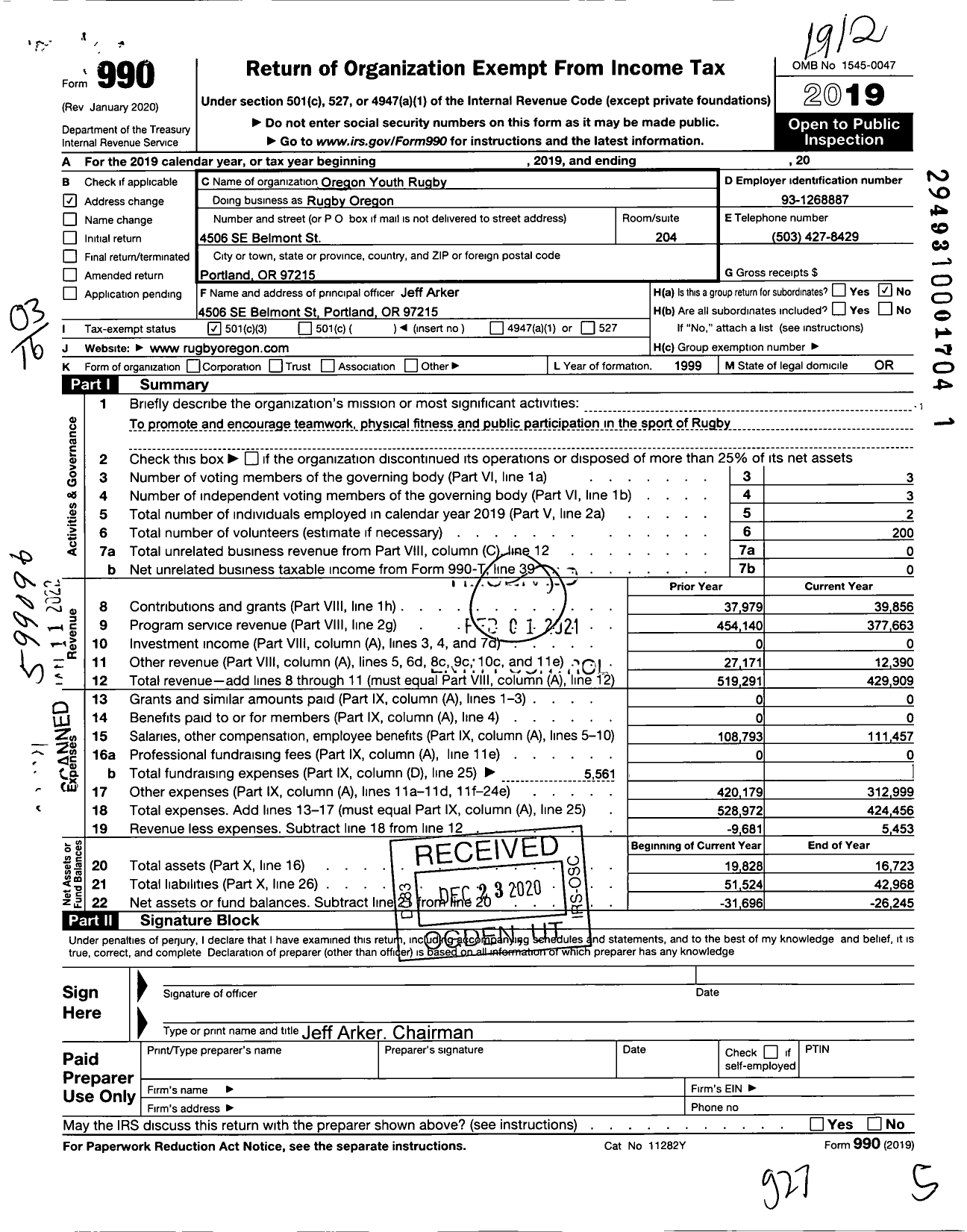 Image of first page of 2019 Form 990 for Oregon Youth Rugby An Oregon Nonprofit Corporation