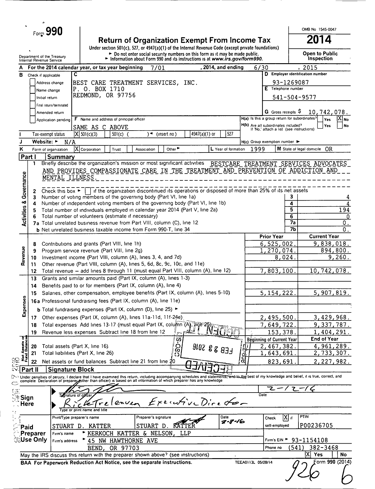 Image of first page of 2014 Form 990 for BestCare Treatment Services