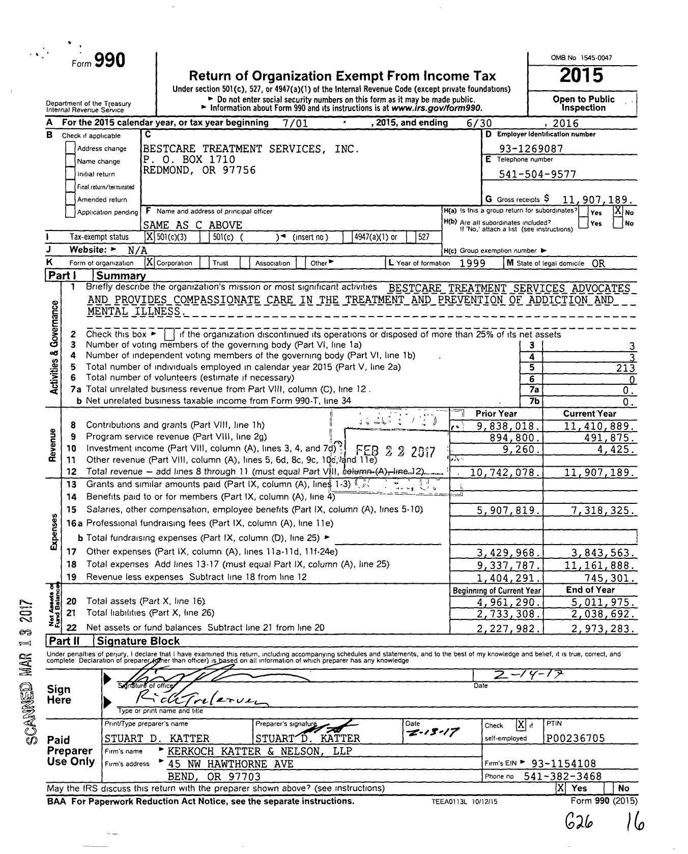 Image of first page of 2015 Form 990 for BestCare Treatment Services