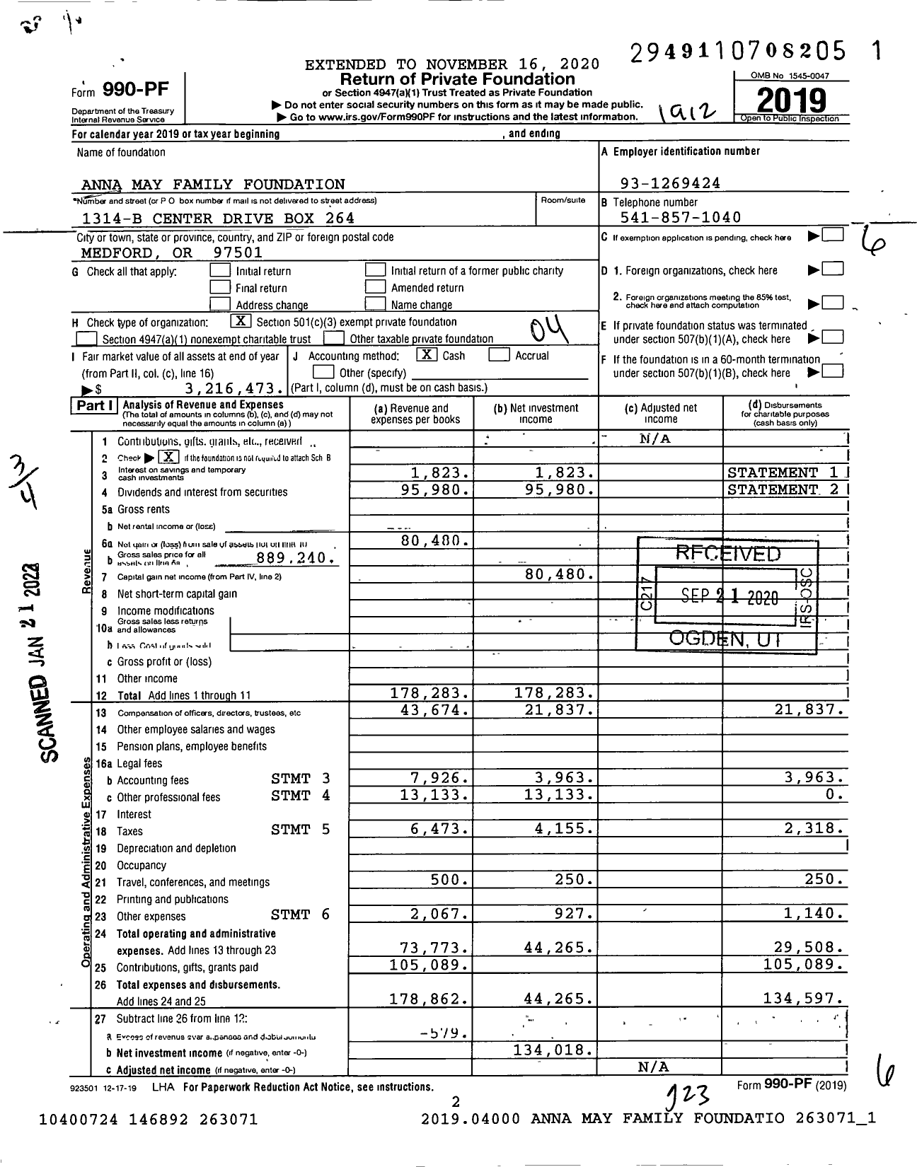 Image of first page of 2019 Form 990PF for Anna May Family Foundation
