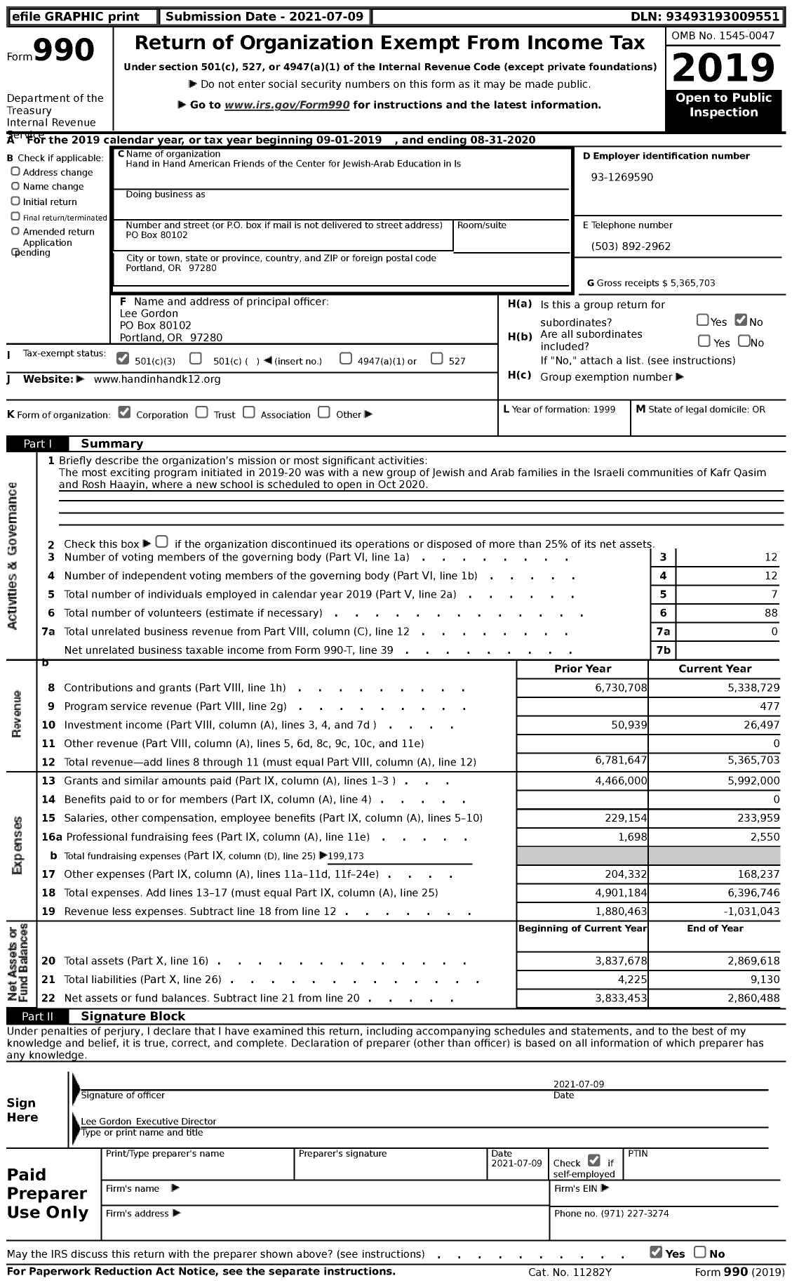 Image of first page of 2019 Form 990 for Hand in Hand American Friends of the Center for Jewish-Arab Education in Israel