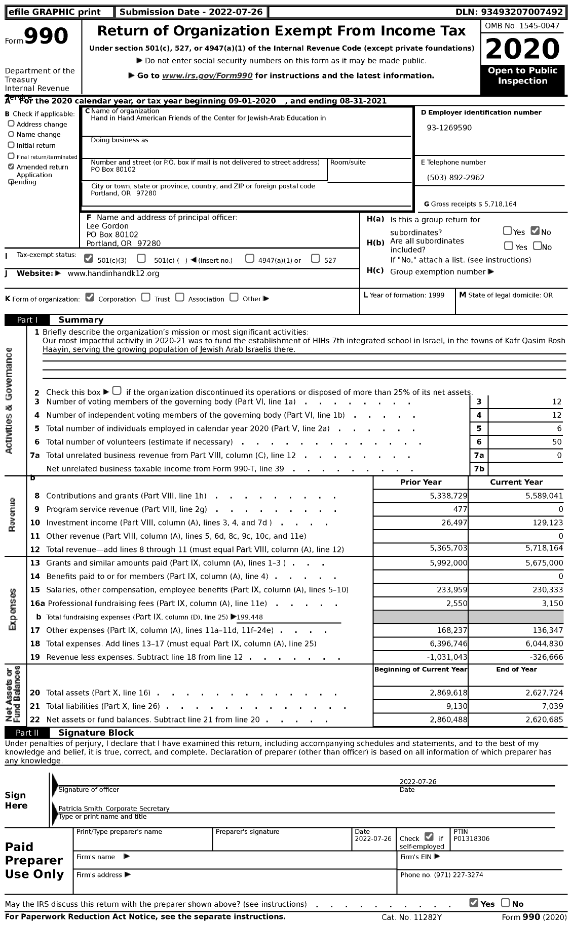 Image of first page of 2020 Form 990 for Hand in Hand American Friends of the Center for Jewish-Arab Education in Israel