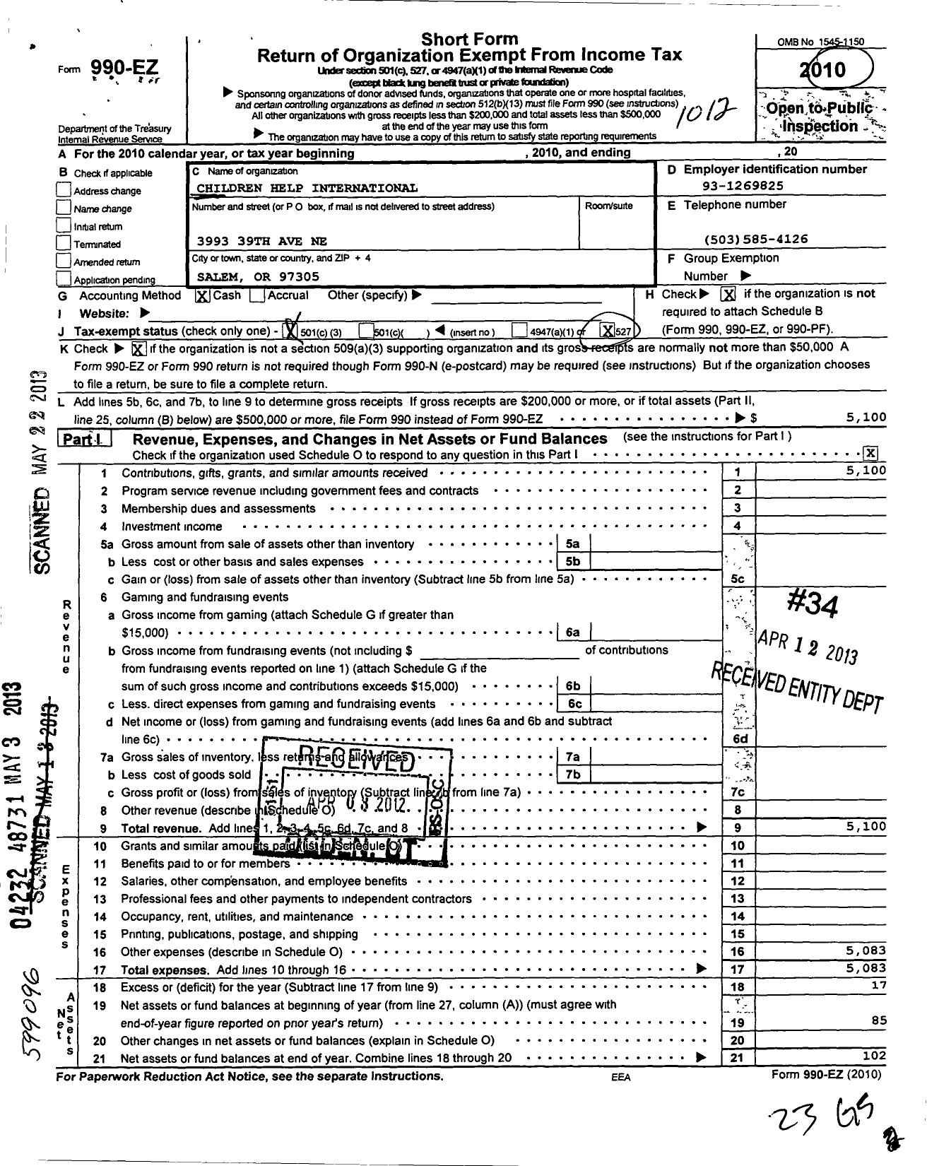 Image of first page of 2010 Form 990EZ for Children Help International