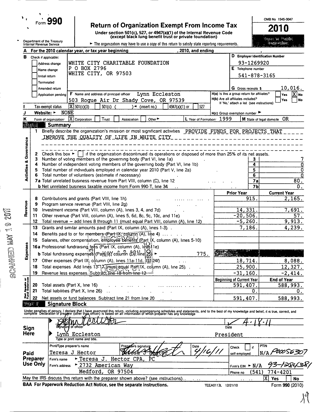 Image of first page of 2010 Form 990 for White City Charitable Foundation