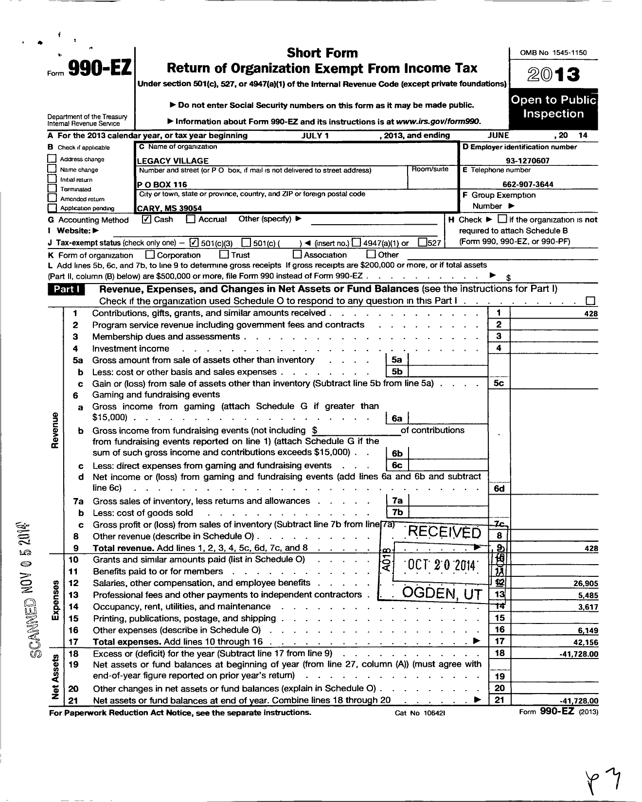 Image of first page of 2013 Form 990EZ for L E G A C Y Village