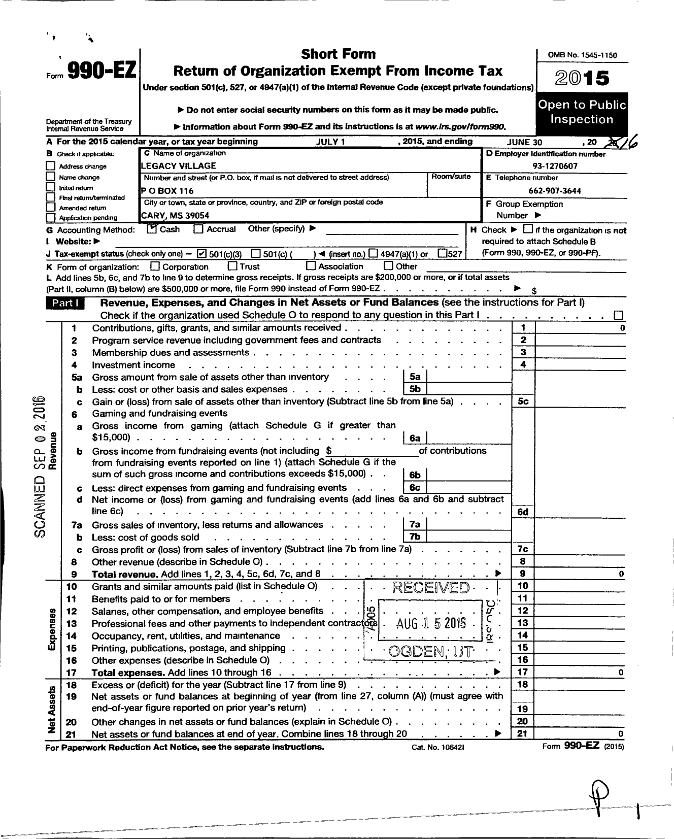 Image of first page of 2015 Form 990EZ for L E G A C Y Village