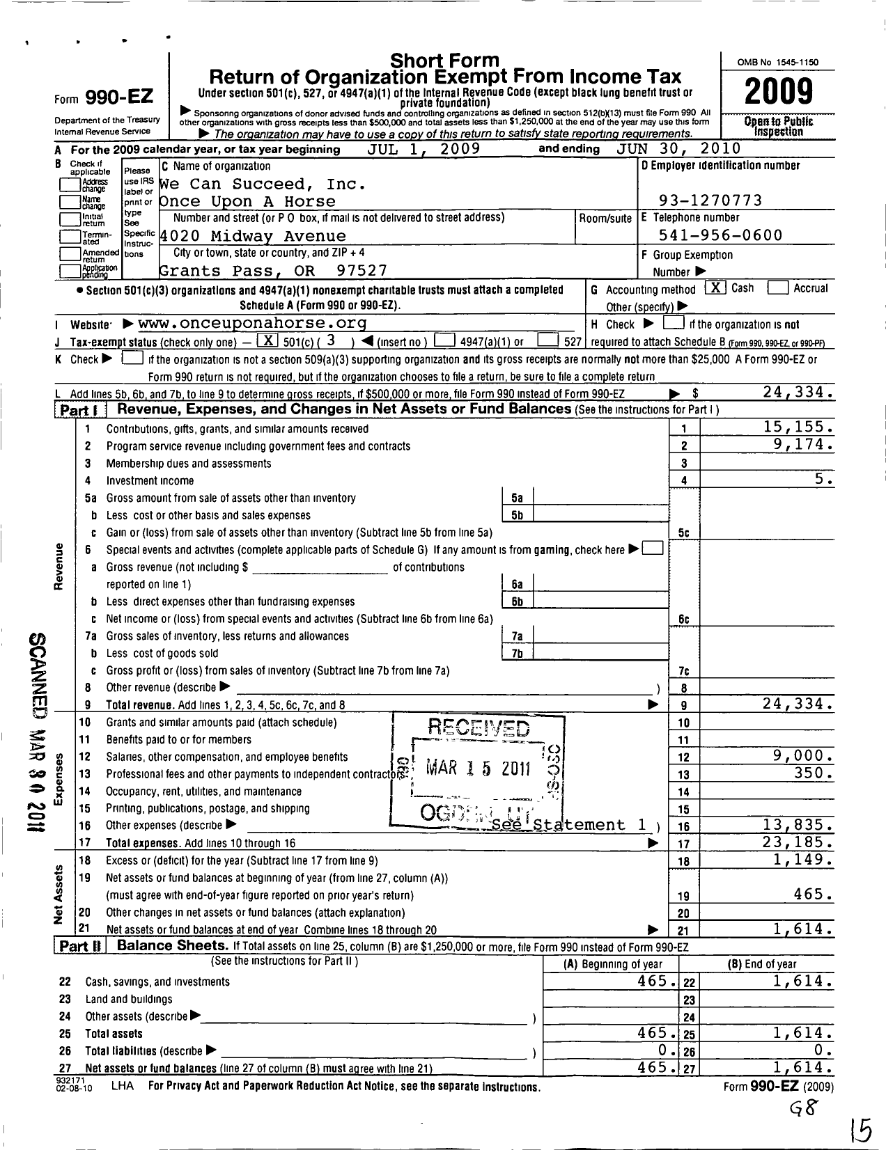 Image of first page of 2009 Form 990EZ for We Can Succeed