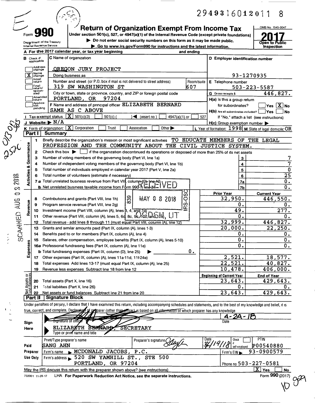 Image of first page of 2017 Form 990 for Oregon Jury Project