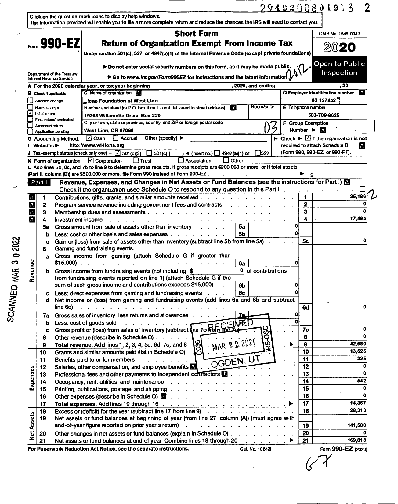 Image of first page of 2020 Form 990EZ for Lions Foundation of West Linn