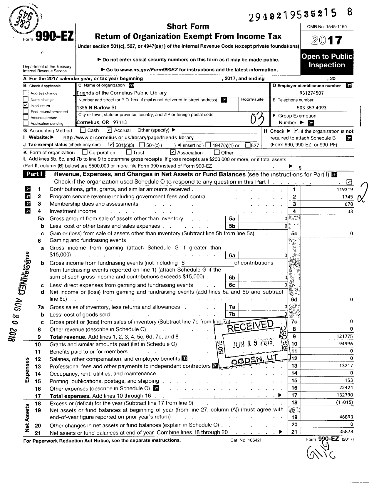 Image of first page of 2017 Form 990EZ for Friends of the Cornelius Public Library