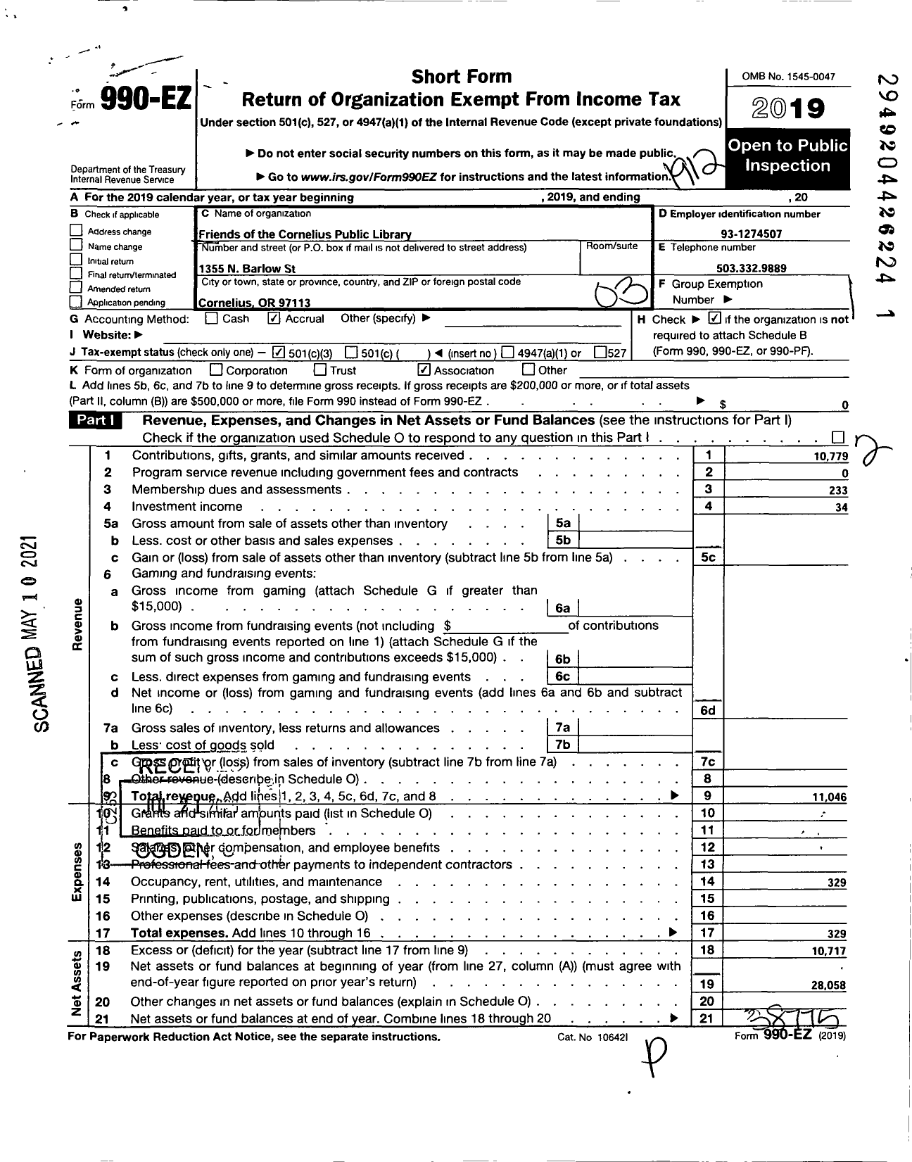 Image of first page of 2019 Form 990EZ for Friends of the Cornelius Public Library