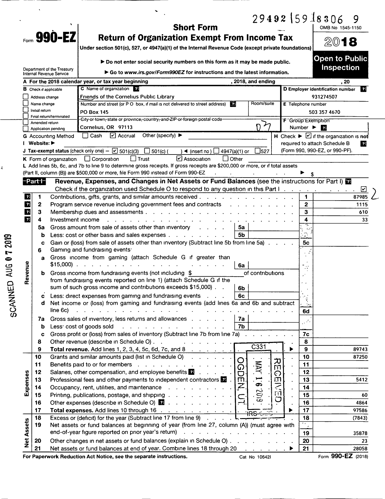 Image of first page of 2018 Form 990EZ for Friends of the Cornelius Public Library