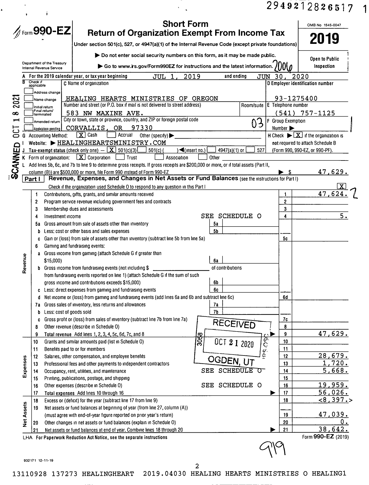 Image of first page of 2019 Form 990EZ for Healing Hearts Ministries of Oregon