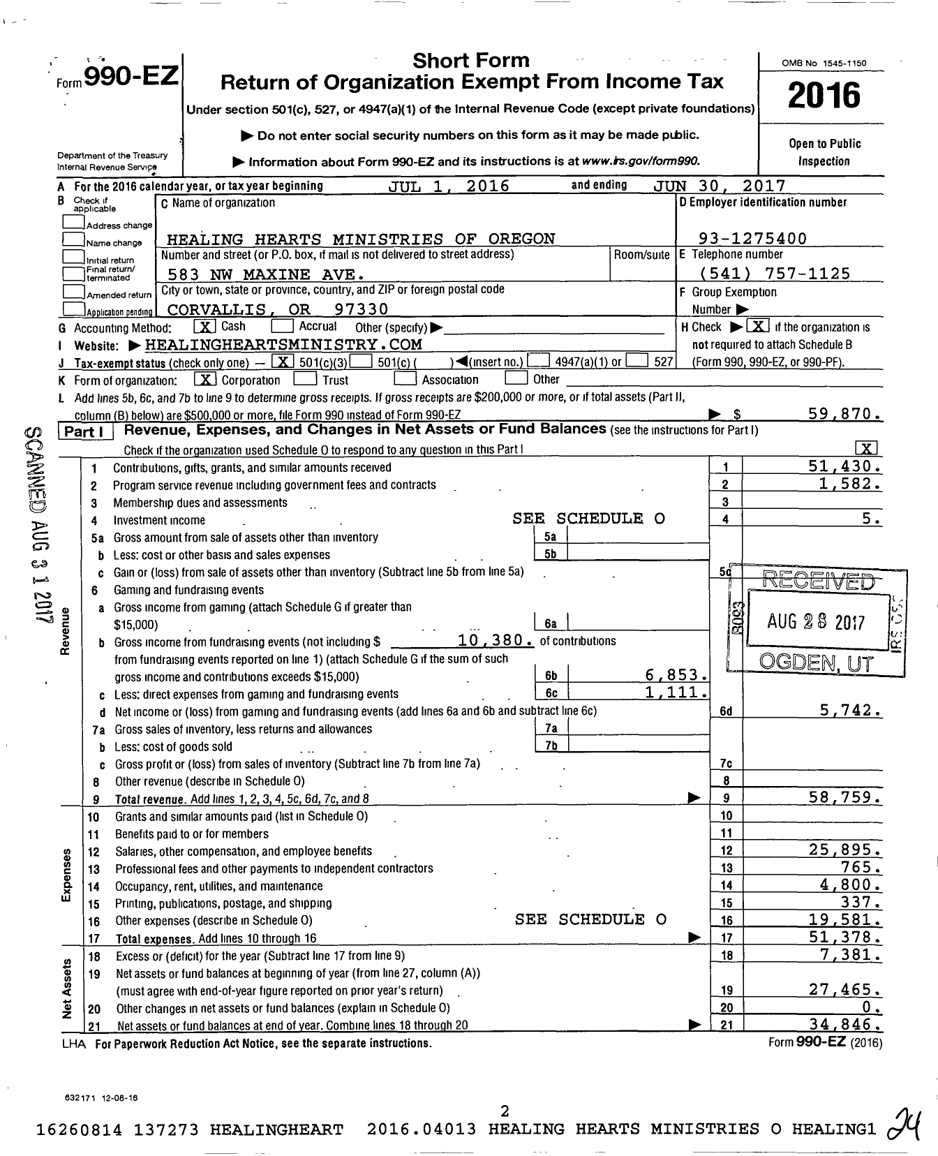 Image of first page of 2016 Form 990EZ for Healing Hearts Ministries of Oregon