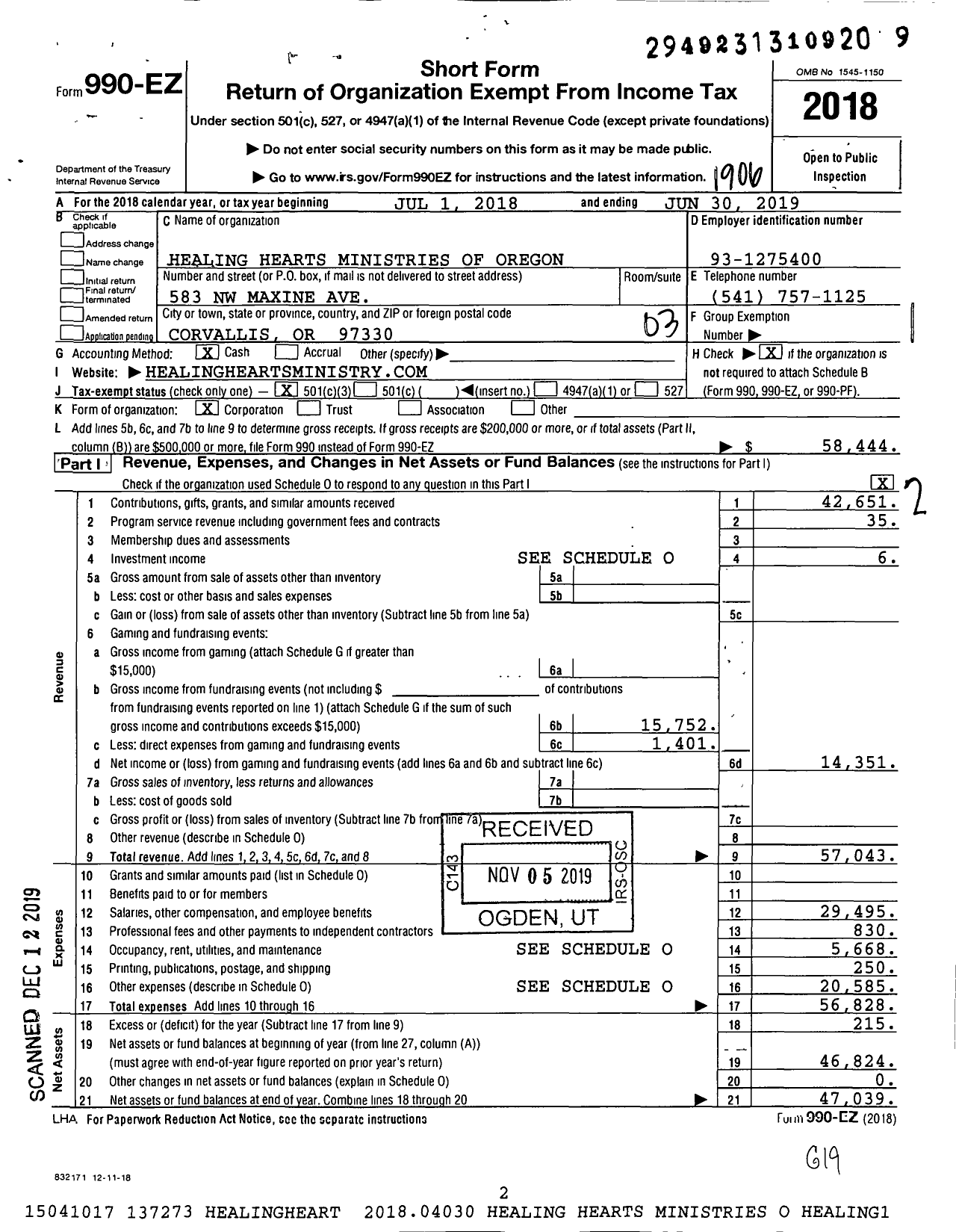 Image of first page of 2018 Form 990EZ for Healing Hearts Ministries of Oregon