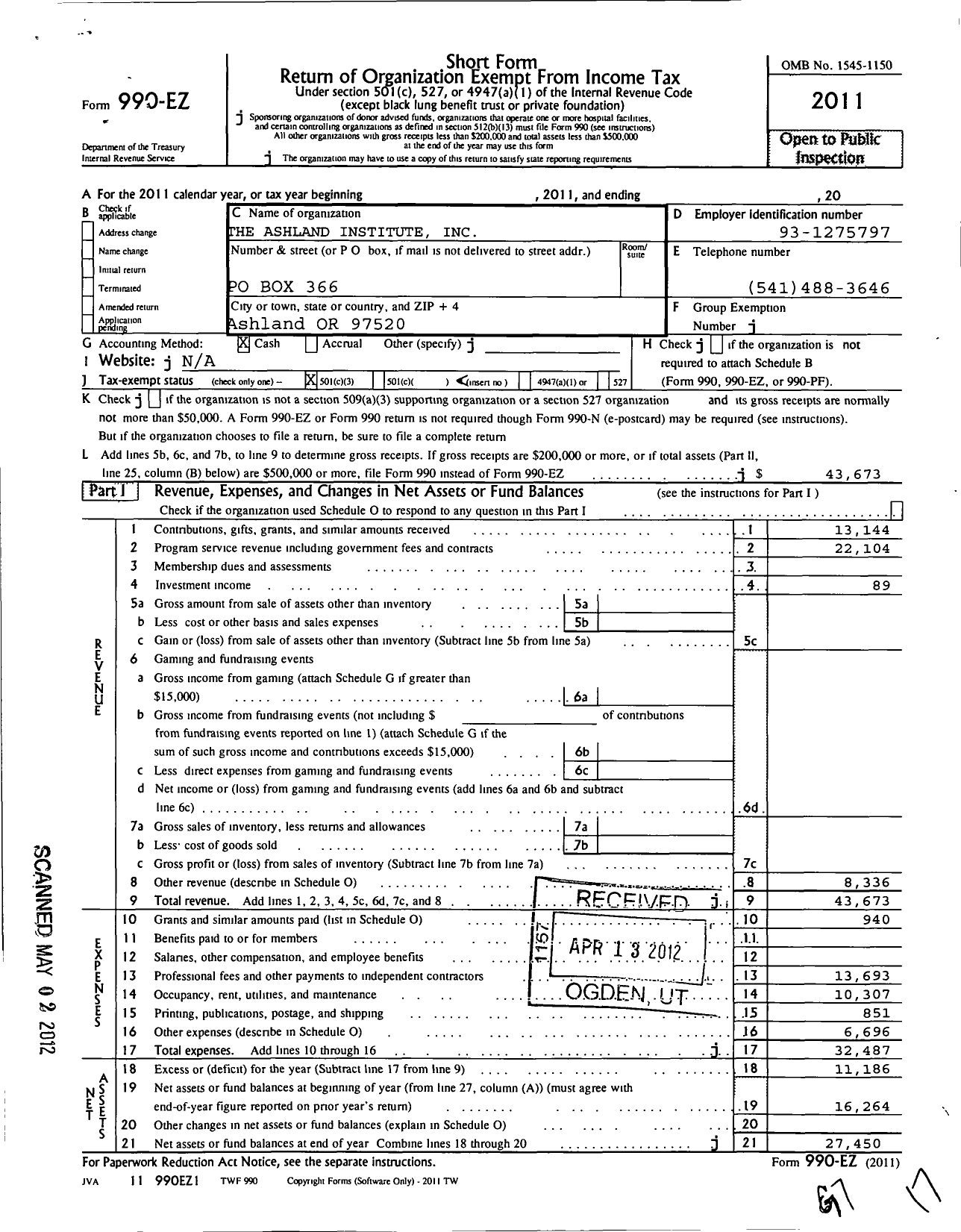 Image of first page of 2011 Form 990EZ for Ashland Institute