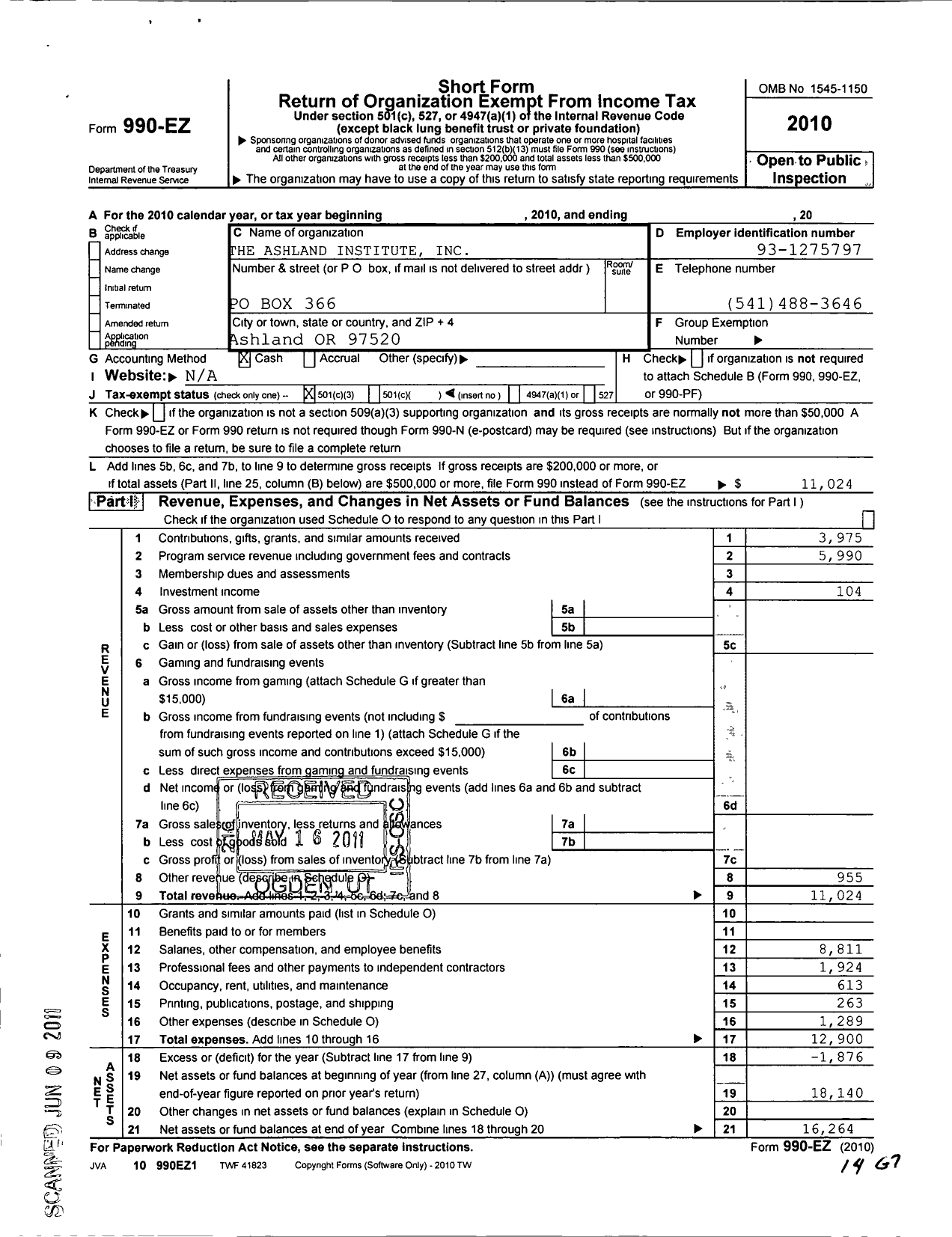 Image of first page of 2010 Form 990EZ for Ashland Institute