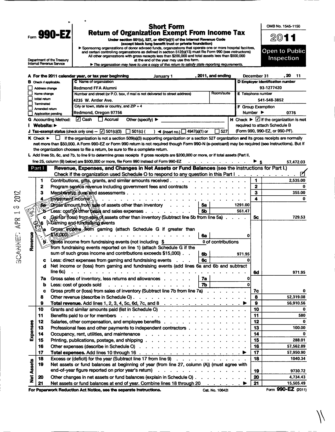 Image of first page of 2011 Form 990EZ for Future Farmers of America - Redmond Ffa Alumni