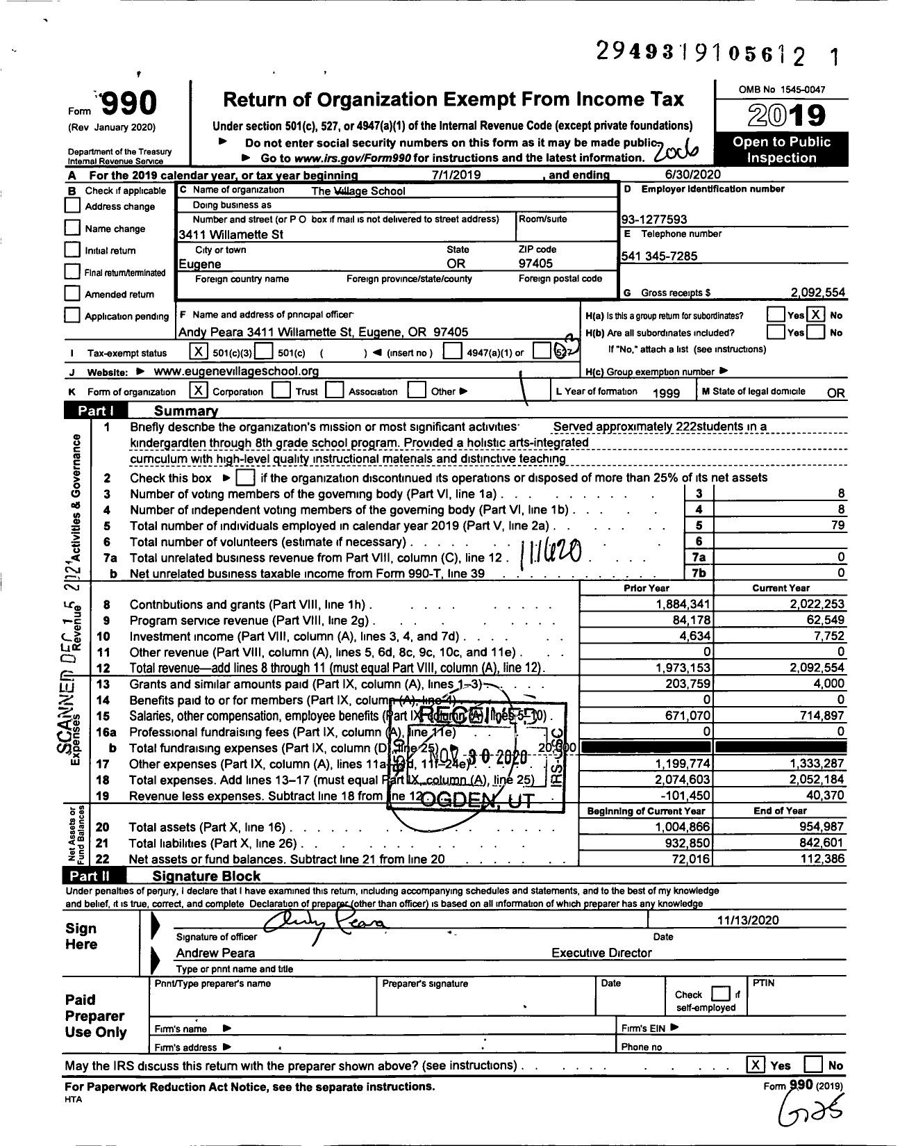 Image of first page of 2019 Form 990 for The Village School