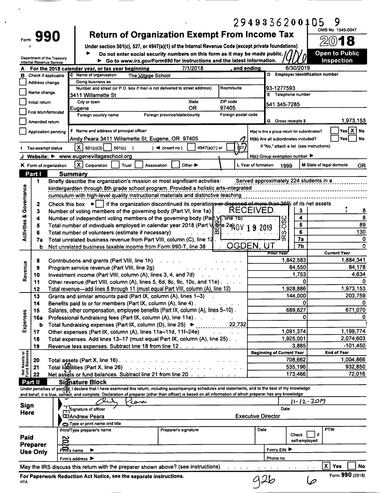 Image of first page of 2018 Form 990 for The Village School