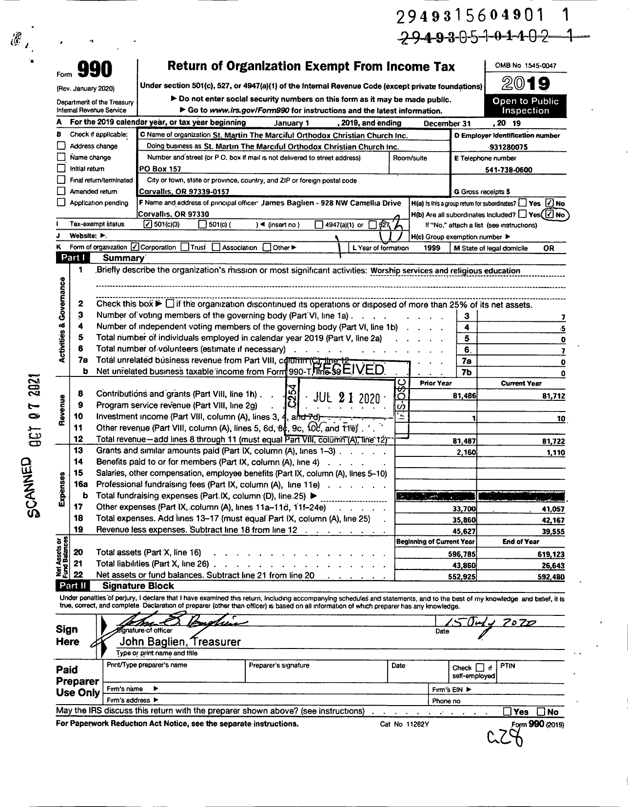 Image of first page of 2019 Form 990 for St Martin the Merciful Orthodox Christian Church