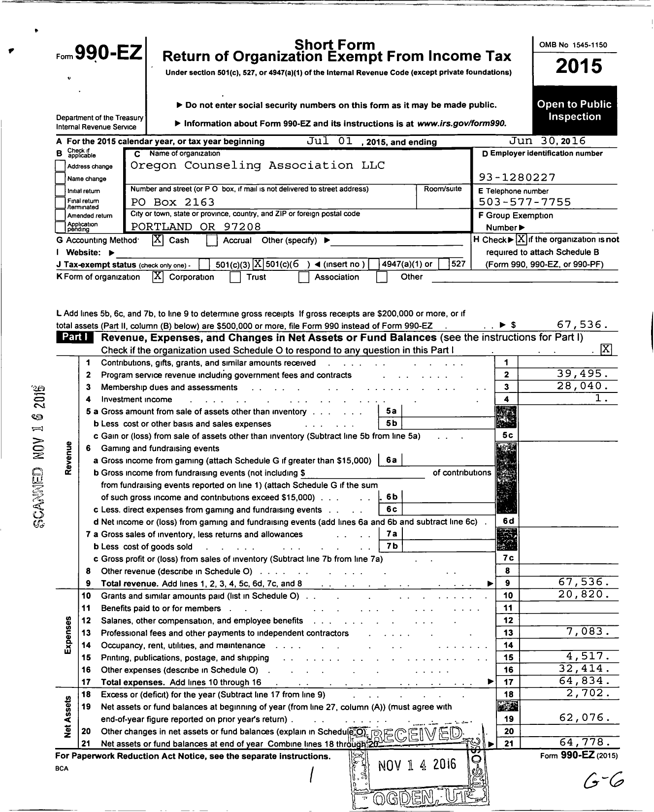 Image of first page of 2015 Form 990EO for Oregon Counseling Association