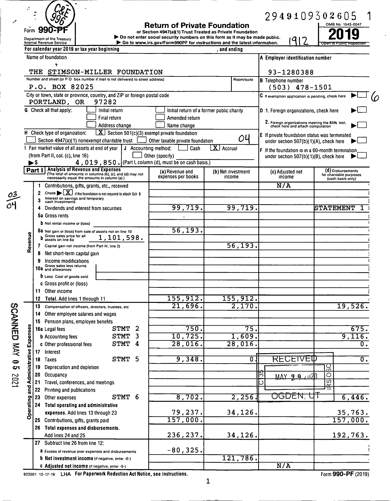 Image of first page of 2019 Form 990PF for The Stimson-Miller Foundation