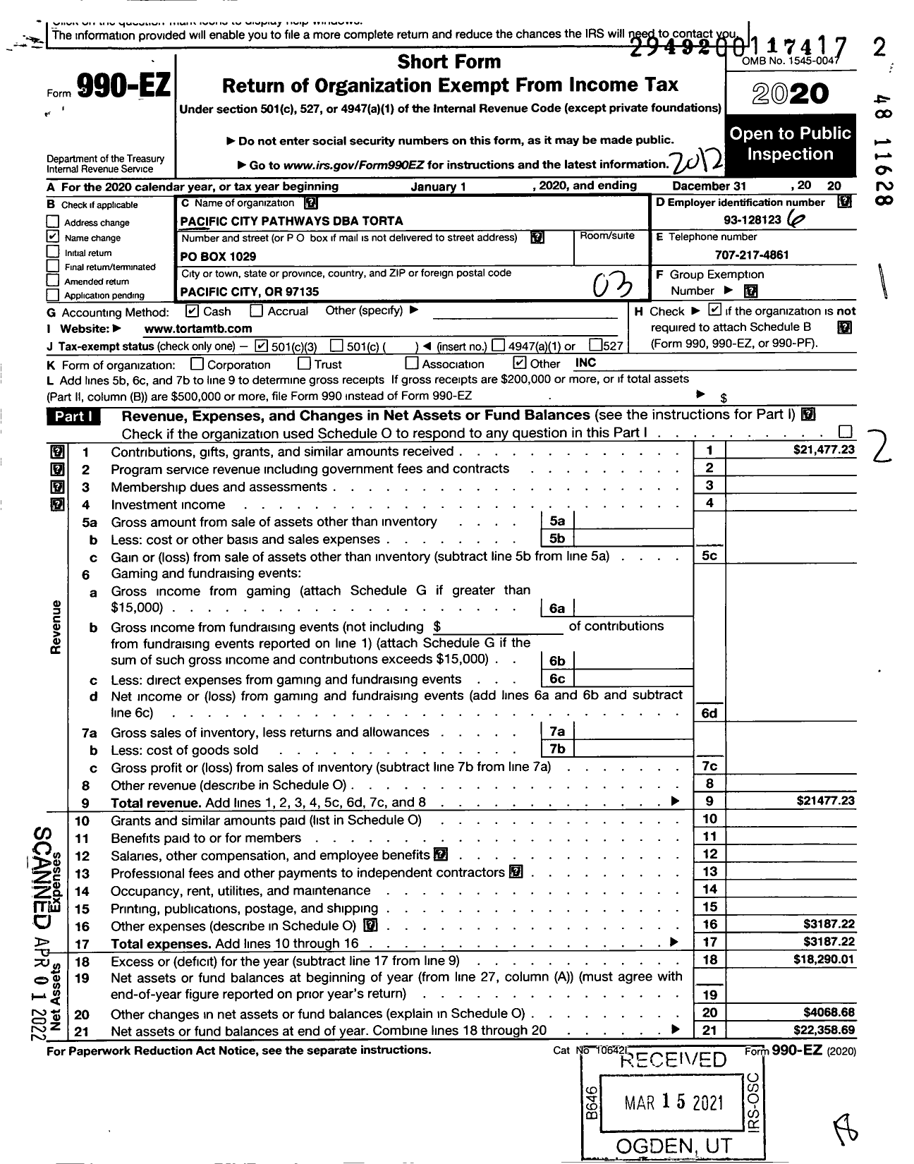 Image of first page of 2020 Form 990EZ for Pacific City Pathways