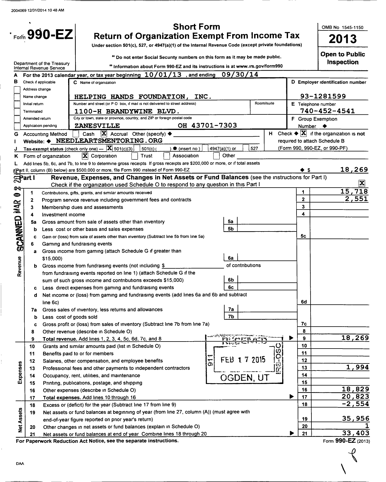 Image of first page of 2013 Form 990EZ for Helping Hands Foundation