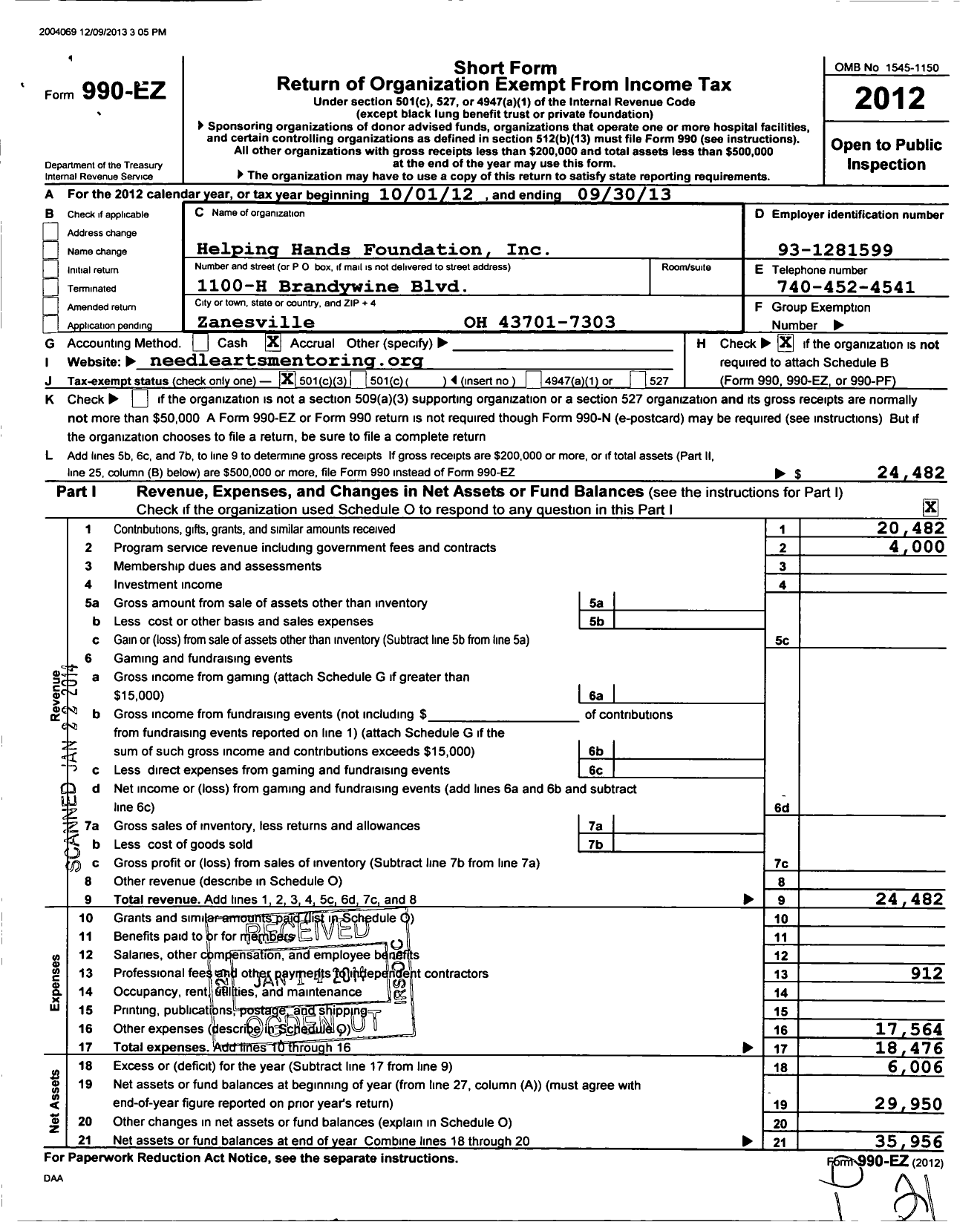 Image of first page of 2012 Form 990EZ for Helping Hands Foundation