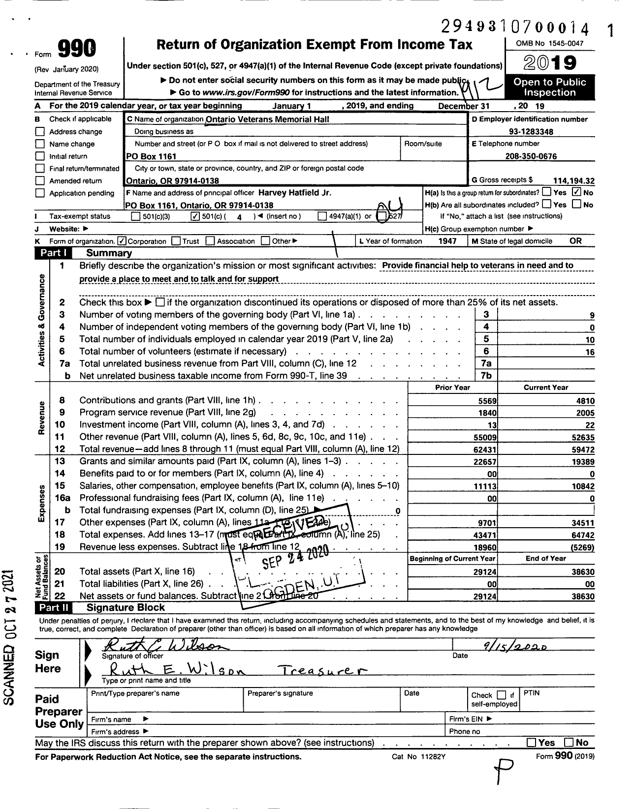 Image of first page of 2019 Form 990O for Ontario Veterans Memorial Hall