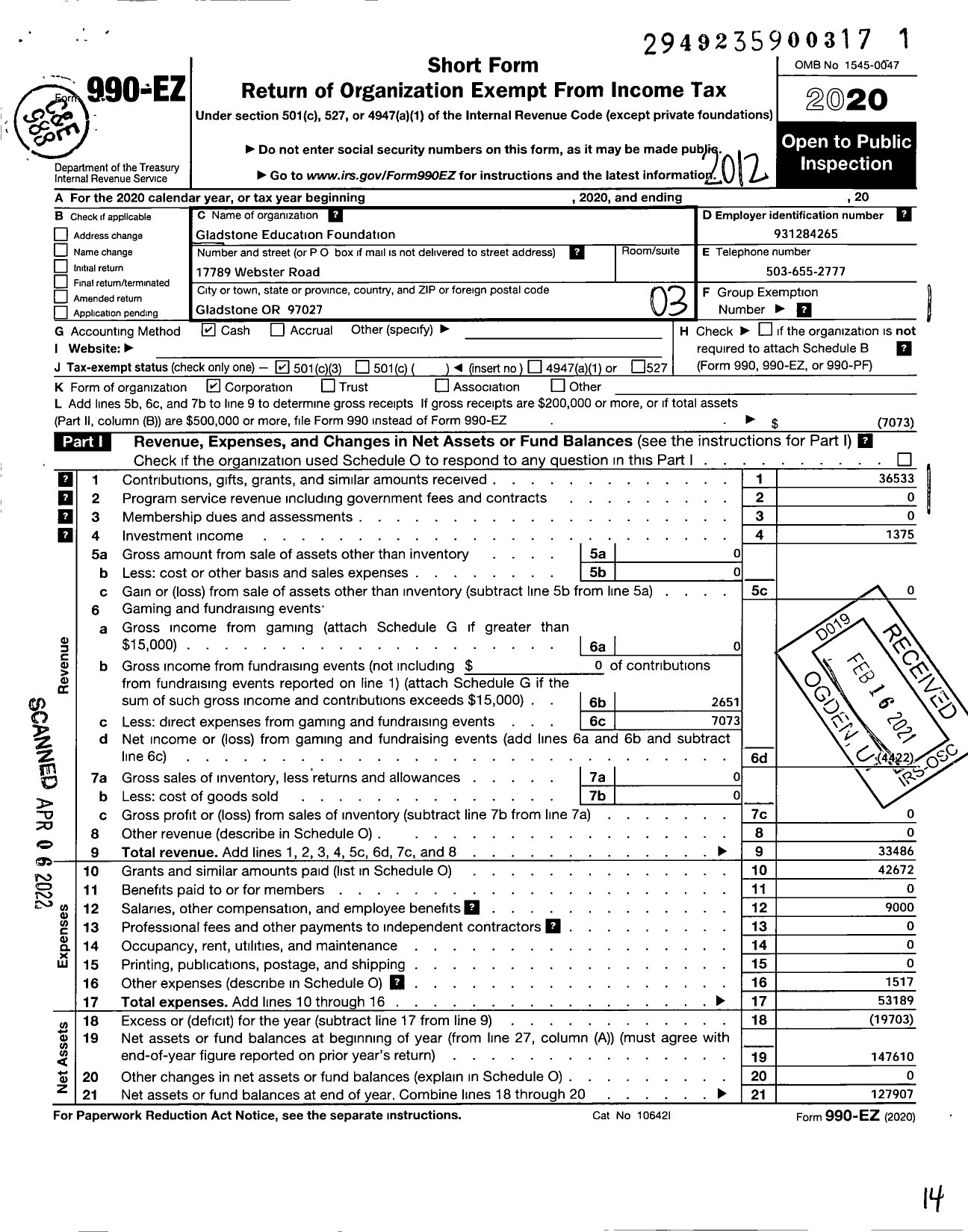 Image of first page of 2020 Form 990EZ for Gladstone Education Foundation