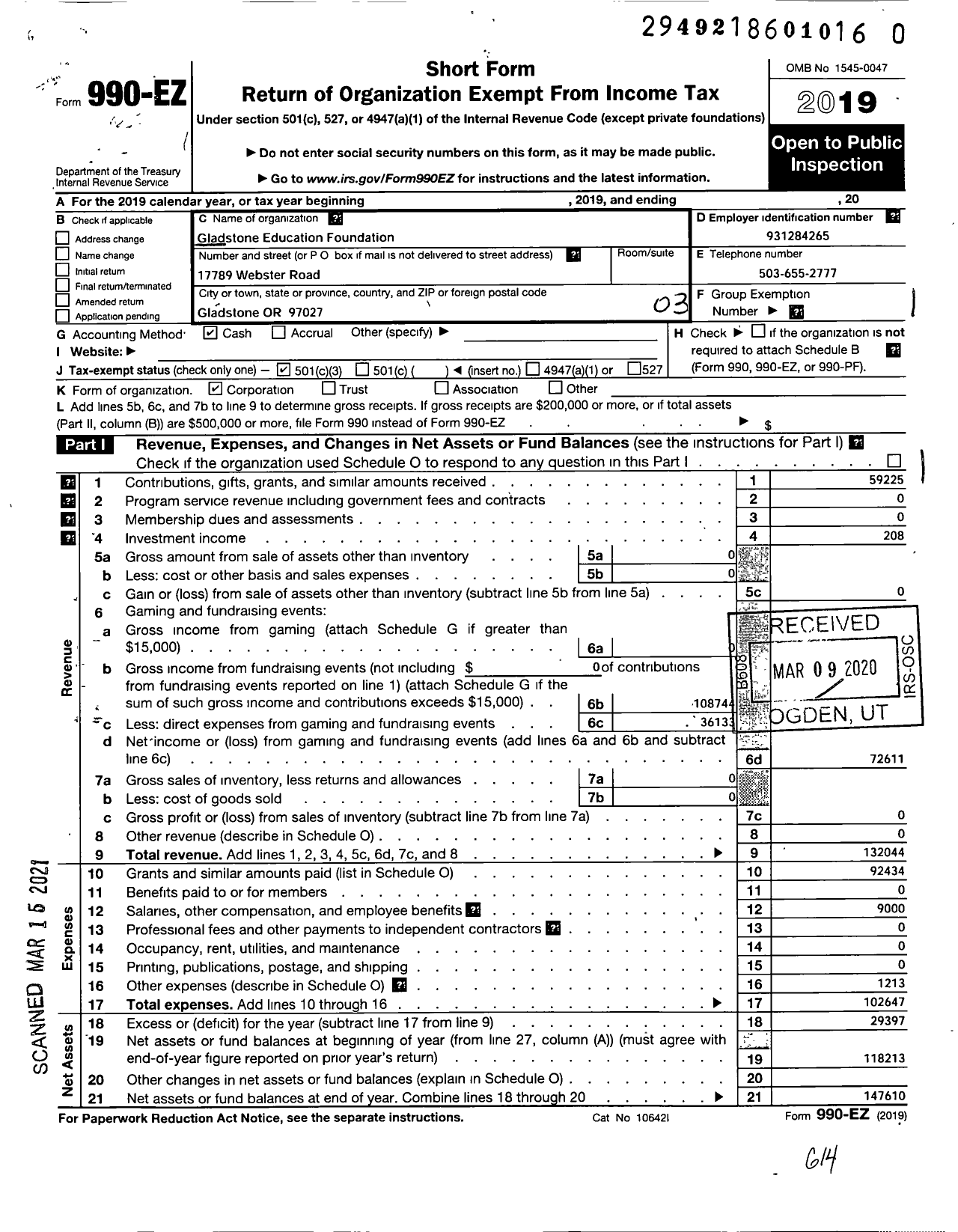 Image of first page of 2019 Form 990EZ for Gladstone Education Foundation