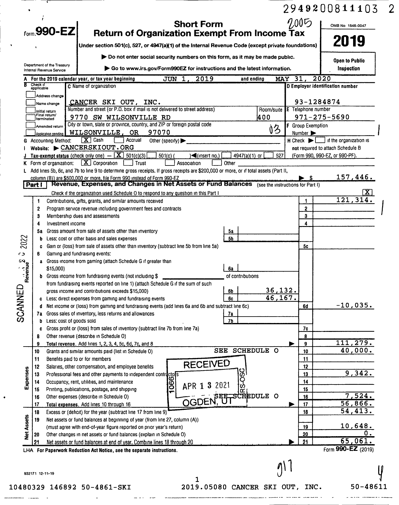 Image of first page of 2019 Form 990EZ for Cancer Resource Fund