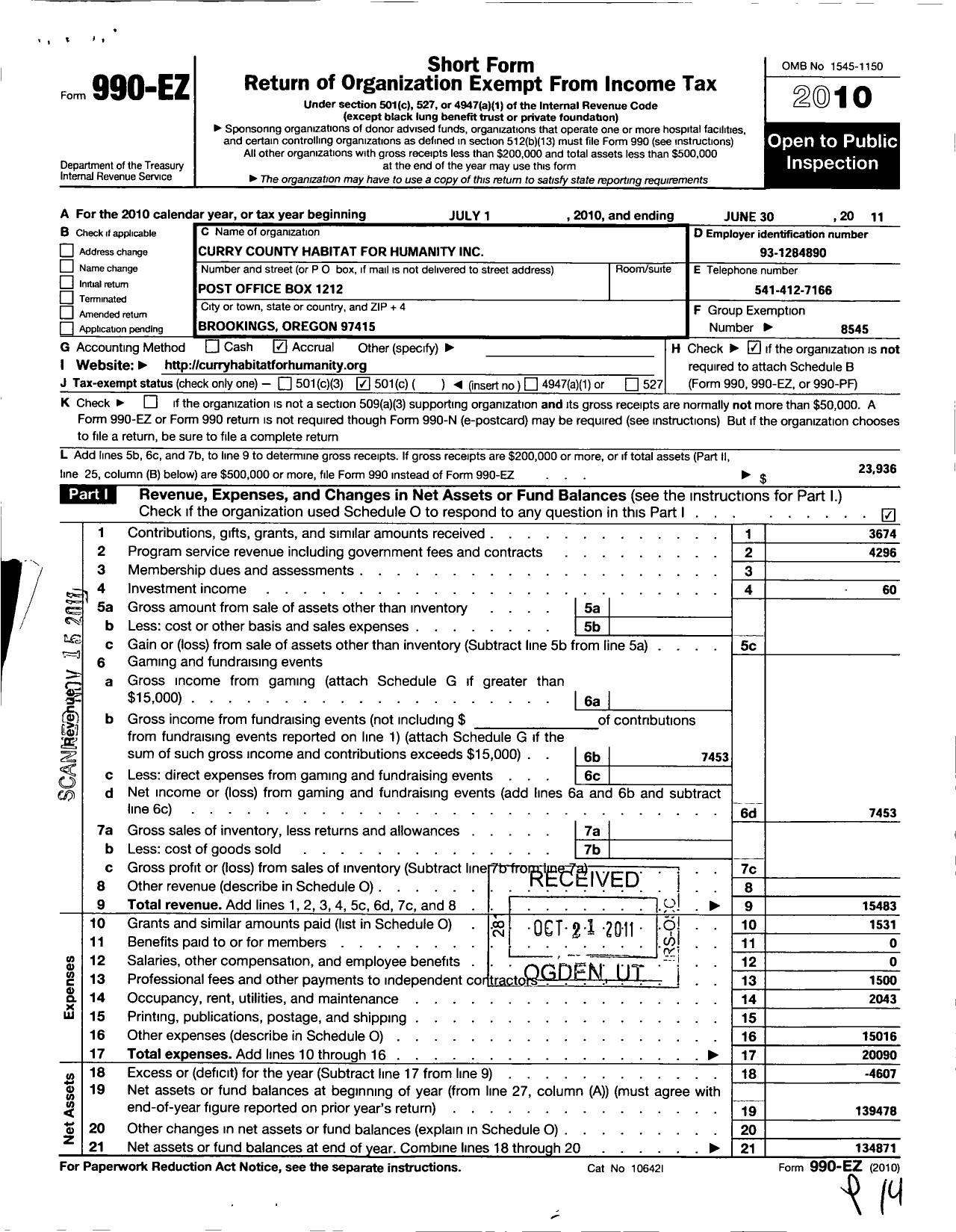 Image of first page of 2010 Form 990EO for Habitat for Humanity - Curry County Habitat for Humanity